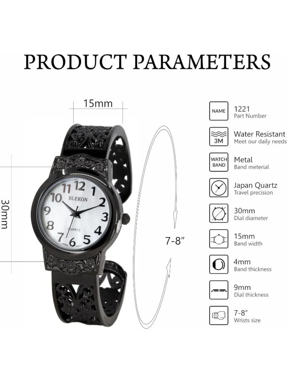 Women's Black Japanese Quart 28mm Case Elegantly Designed Cuff Bangle Watch